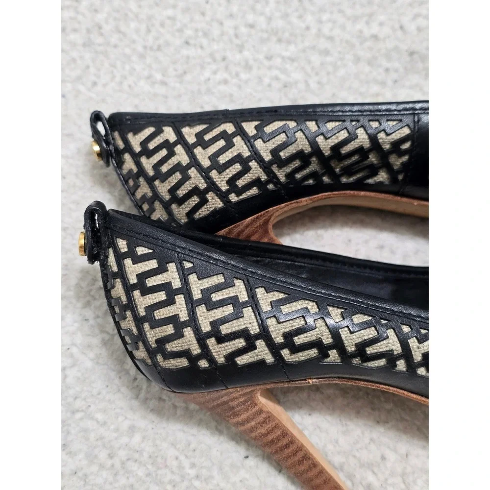 Tory Burch Black Leather Logo Laser Cut Peep Toe Platform Pumps Heels 6.5M